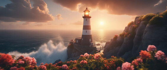Wall Mural - Waves of an ocean beating against a cliff on which there is a beautiful lighthouse against the backdrop of a sunset sky with clouds. Impressive and dynamic landscape. Flower field in foreground.