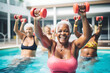 © ribalka yuli - Elderly women do water aerobics in the outdoor pool. In focus happy older African American woman with dumbbells