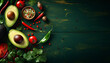 Mexican sauce ingredients and green background, red and green peppers, avocado, onion, garlic, tomato, coriander, created with ai generative technology
