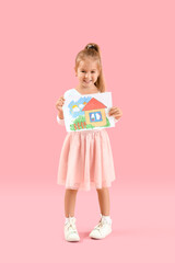 Poster - Cute little girl with drawing on pink background