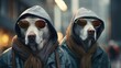 Two dogs wearing sunglasses and hoodies. AI