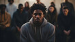 © Clipart Collectors - Sad anxiety depressed black man at support group meeting for mental health and addiction issues in anonymous community space