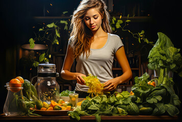 Wall Mural - woman is standing on a kitchen counter surrounded by lots of vegetables and fruits , watercolor style