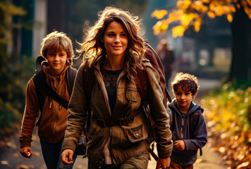 a woman hiking with are their children at autumn