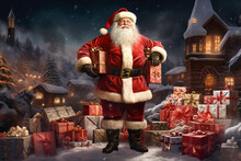 Smiling Santa Claus With Christmas Gifts. High Quality Photo
