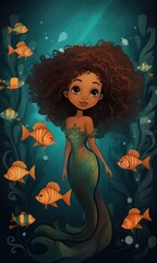 Wall Mural - A cartoon mermaid with long curly hair standing in the ocean surrounded by fish