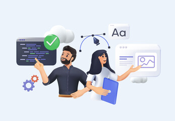 3D Programming Illustration Set. Different characters working on web and application development on computers. Software