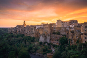 Sticker - Italian medieval city at sunset, Pitigliano in the province of Grosseto in southern Tuscany, Italy