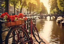 Red Bicycles Along The Railing With Flower Gardens And Canal In Amsterdam Generative AI