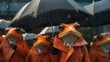 Orange frogs in raincoats holding umbrellas. AI