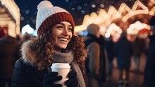 Portrait of a happy young girl drinking a hot drink at the Christmas market. Design ai
