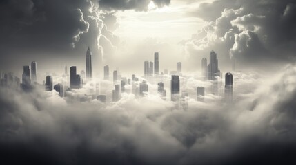 Canvas Print - A black and white photo of a city in the clouds