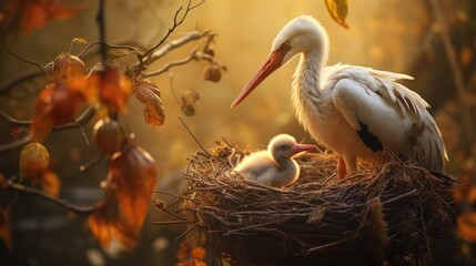 Sticker - A mother stork and her baby in a nest