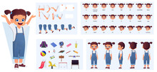 Cartoon Little Girl Character Constructor With Gestures And Emotions. Child Side, Front, Rear View, With Body Parts For Animation And Lip-Sync Vector Illustration.