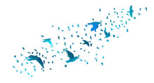 A Flock Of Blue Watercolor Flying Birds. Free Birds Abstraction Vector Illustration