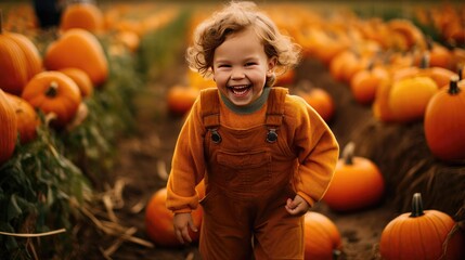 happy child in a pumpkin patch in autumn. halloween seasonal fall. laughing toddler in october. smil