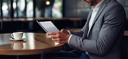 Poster - a person using a tablet while in a seat at a cafe Generative AI