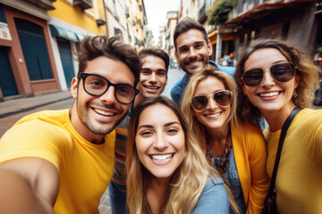 Cheerful group of young and vibrant individuals come together to capture a joyful moment with a selfie. Portrays friendship, camaraderie, and the spirit of togetherness in modern social interactions.