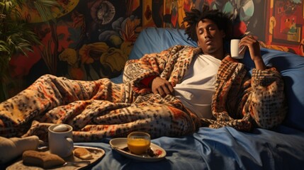 Canvas Print - A man laying in bed with a cup of coffee