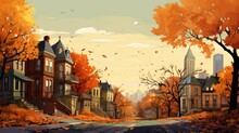 A Painting Of A City Street In The Fall
