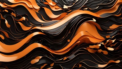 Wall Mural - abstract orang, black and gold background with waves 3d