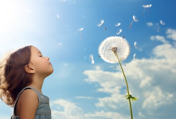 Wall Mural - A little girl blowing a dandelion in the air. Generative AI.