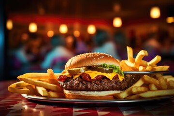 Poster - A hamburger and french fries on a plate. Generative AI.