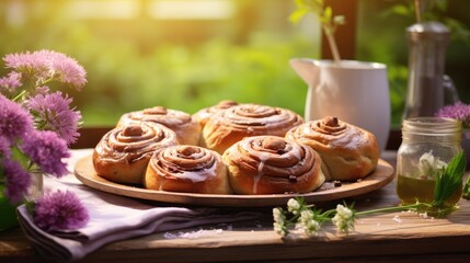 Poster - A plate of cinnamon buns on a wooden table. Generative AI.