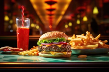 Poster - A hamburger and fries on a table with a drink. Generative AI.