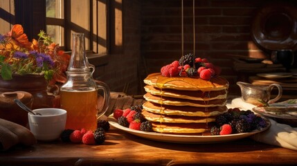 Sticker - A stack of pancakes sitting on top of a wooden table. Generative AI.