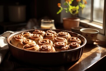 Sticker - A pan of cinnamon rolls sitting on a table. Generative AI.