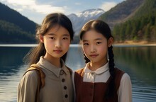 Two Young Girls Standing Next To Each Other Near A Lake. Generative AI.