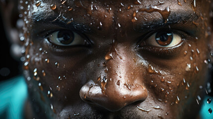 Poster - An extreme close up photo of a professional athlete with intense focus in his eyes and sweat pouring down his face. Generative AI