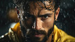 An extreme close up photo of a professional athlete with intense focus in his eyes and sweat pouring down his face. 