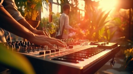 DJ Hands creating and regulating music on dj console mixer in concert outdoor. Generative AI