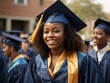 © John Vogia - A photograph capturing a proud and happy African American girl celebrating her graduation as a student. She stands in her graduation gown and cap.