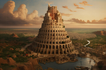 Tower of Babel in Babylon, photorealistic depiction of the mythological architectural marvel of the ancient world mentioned in the Bible in the golden hour.