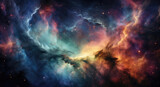 Fototapeta Konie - A distant glowing nebula filled with the hauntingly beautiful force of creation and destruction. It radiates a bright hue of luminescent colors switching from blue to pink and back again with swirling
