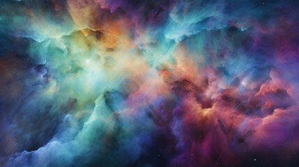 Wall Mural - Dynamic shades of blues and greens form the canvas of this stunning nebula punctuated by shades of purples and pinks. Bright stars dot the image and cast an ethereal light on the dark clouds of gas