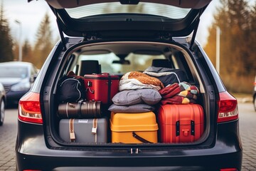 the trunk of a car full of suitcases and things. travel by car.