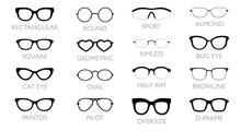 Set Of Different Types Of Glasses - Rectangular Pilot, Round, Square, Cat Eye, Pantos, Fashion Accessory Browline, Clubmaster, Oval, Oversize, Illustration Geometric Sport Bug, Almond Octagon, D-frame