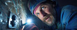 © Justlight - A seriouslooking electrician peers inside a gaping cavity in the wall of a building the circuitry illuminated by a powerful flashlight in his left hand. His right hand holds a small electric tool