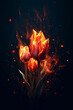 tulips burn with orange flames with sparks of fire on a black background, created with Generative AI Technology.