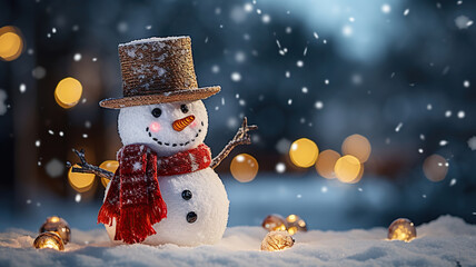 Wall Mural - A snowman with a joyful hat and scarf stands in falling snow during the night