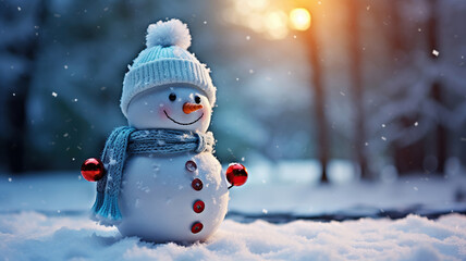 Wall Mural - A snowman adorned with a festive hat and scarf during daytime snowfall