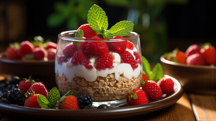 Wall Mural - granola with berries and yogurt in a bowl on the wooden background. healthy breakfast.