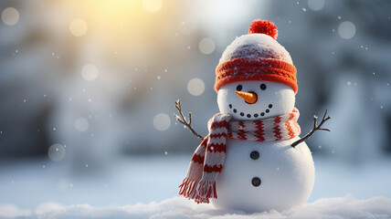 Wall Mural - A snowman adorned with a festive hat and scarf during daytime snowfall
