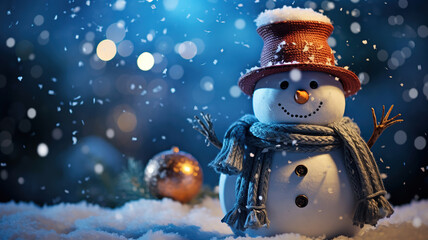 Wall Mural - A snowman adorned with a cheerful hat and scarf under the falling snow at night