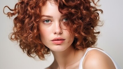 Wall Mural - close-up portrait of a smiling brunette model with long, curly red hair and glamorous makeup