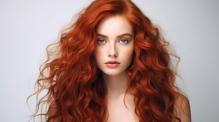Wall Mural - fiery redhead portrait: a captivating portrait of a young woman with long, luscious, curly auburn ha